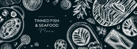 Tinned fish board design. Hand drawn seafood background in sketch style. Canned fish and shellfish isolated on chalkboard. Sardines, caviar, mackerel, tuna, mussels, olives, lemons banner template